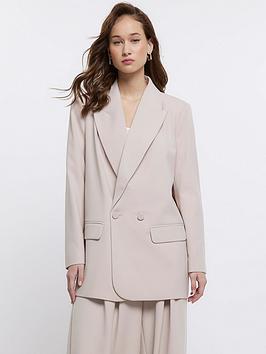 River Island Double Breasted Relaxed Blazer - Grey, Grey, Size 14, Women