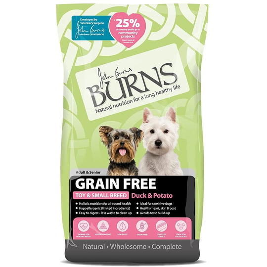 Burns Pet Nutrition Hypoallergenic Complete Dry Dog Food Adult and Senior Dog Grain Free Small/Toy Breed Duck and Potato Grain Free 2 kg