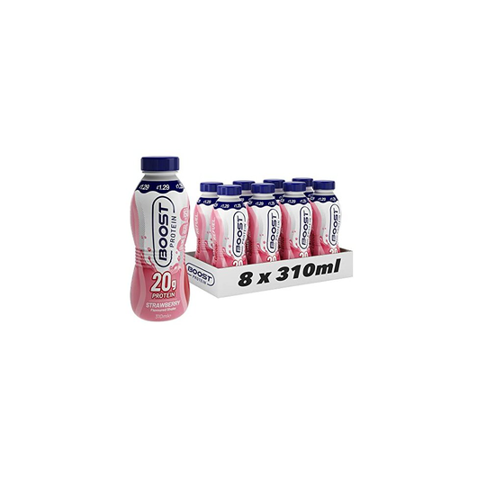 Boost Protein Shake, 8 x 310ml, Ready-to-Drink, Strawberry Flavour, 20g Protein, Fat Free, and Low Calorie. Packed with Protein and less than 150