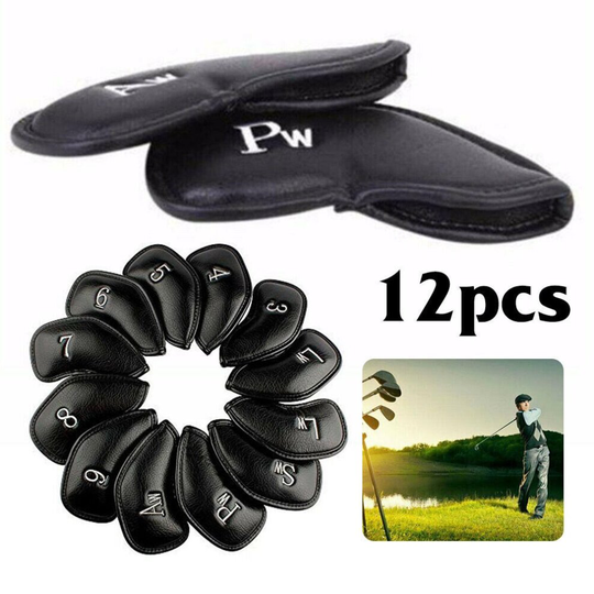 12PCS Thick PU Leather Head Covers Iron Golf Club Headcovers Putter Black Set