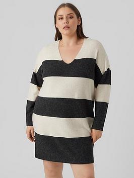 Vero Moda Curve Long Sleeve V-Neck Stripe Knit Jumper Dress - Black/White
