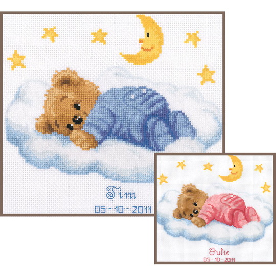 Sleeping Teddy on the Clouds Birth Sampler Counted Cross Stitch Kit