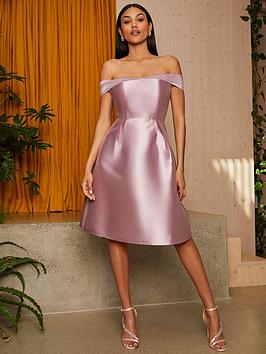 Chi Chi London Bardot Box Pleated Skater Midi Dress In Mauve
