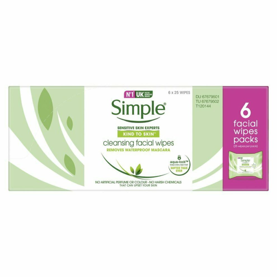Simple Cleansing Facial Wipes - Kind to Skin - 6 Packs of 25 Wipes