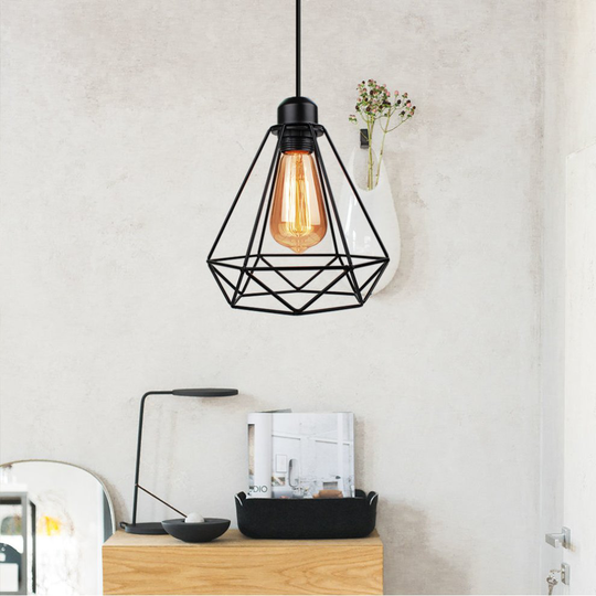 Iron diamond Cage Ceiling Pendant Light Lamp Metal Wire Black