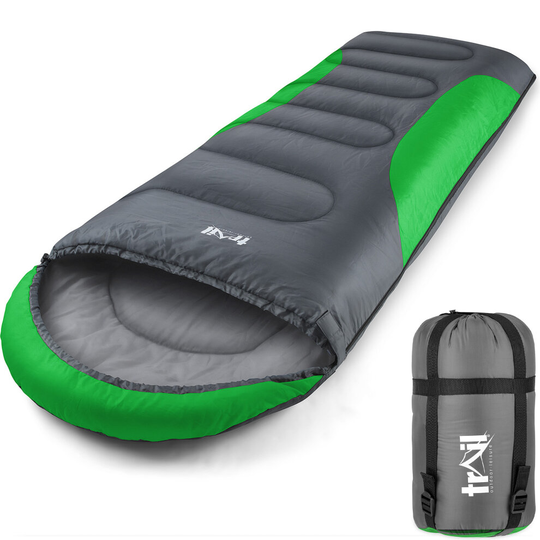 (Green) Adult Sleeping Bag 3 Season Single Person Warm Hood Carry Bag Trail Alpine 250