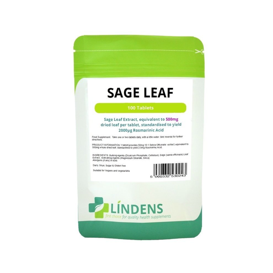 (1 Pack - 100 Tablets) Lindens Sage Leaf 500mg 100 Tablets 2mg Rosmarinic Acid Women's Herb