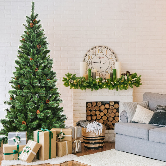 7FT Artificial Christmas Tree Premium Hinged Full Xmas Tree Decor W/ Pine Cones