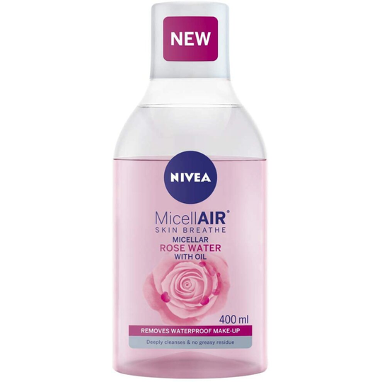 NIVEA MicellAIR Rose Water Micellar Water with Oil (400 ml), Micellar Cleansing Water, Waterproof Makeup R