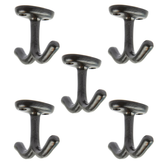5x Black 80mm x 60mm Double Ceiling Hook - Cast Iron Vintage Antique Wall Mounted Hanger - by Hammer & Tongs