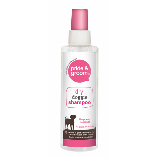 Pride & Groom Dry Doggie Shampoo Raspberry scented dog cleans and conditions