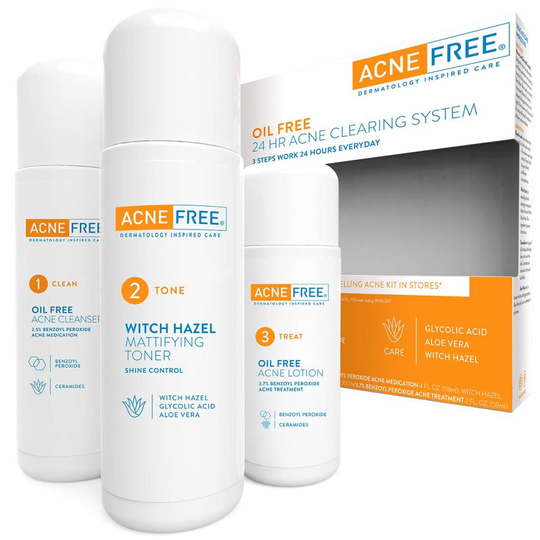 Acne Free 3 Step 24 Hour Acne Treatment Kit - Clearing System w Oil Free Acne Cleanser, Witch Hazel Toner, & Oil Free Acne Lotion - Acne Solution w/ B