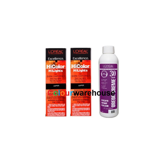 (Copper (2x), Dev (Vol. 30) 8oz) L'Oreal HiColor Copper HiLights For Dark Hair Only