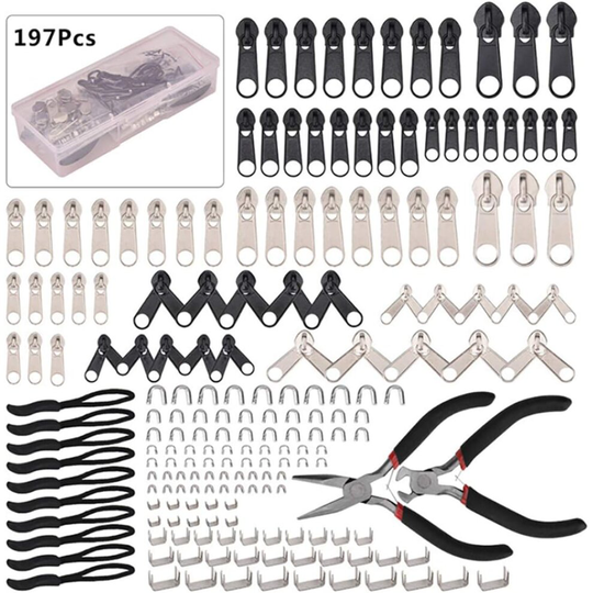 spare zip repair kit, 197 pieces with tightening tool for bags, jackets, tents, luggage, sleeping bags