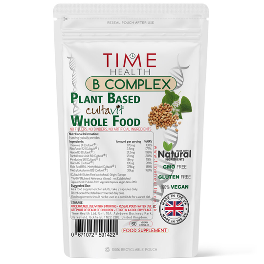 (60 Capsules) Vitamin B Complex Whole Food Plant Based Cultavit - Natural, Non-Synthetic B Vitamins - Pullulan