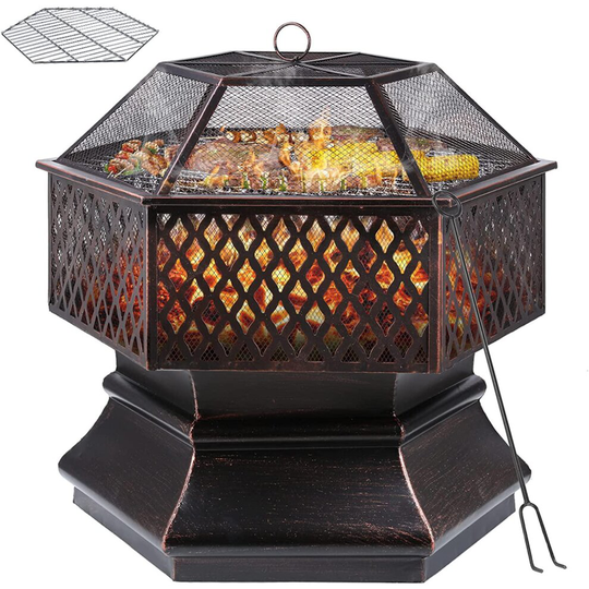 28 Inch Hexagonal Fire Pit, Iron Outdoor Fire Pit, Campfire Stoves, with Protective fence