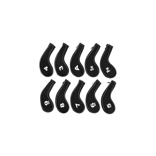 Yuhtech Golf Club Head Covers, 10 Pieces Golf Iron Head Covers Long Neck Number Printing Irons Head Covers Set with Zipper, Black