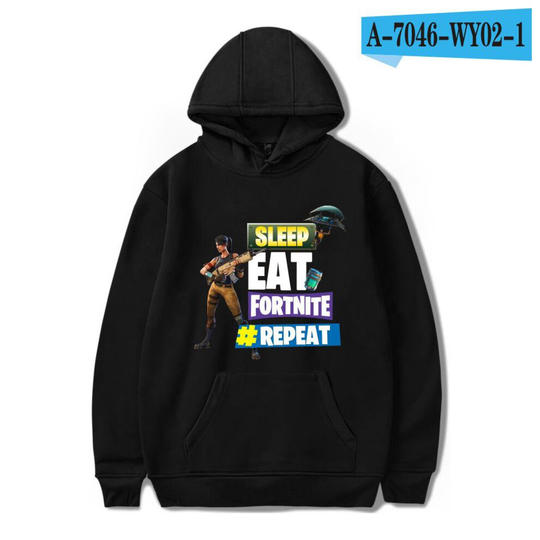 (Black, S=US XXS) Casual Long Sleeve Cotton Hoodie Game Fortnite Printed SLEEP EAT FORTNITE REPEAT