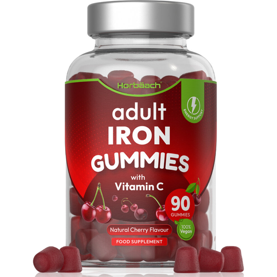 Iron Gummies Supplement for Adults | 90 Count with Vitamin C | For Men & Women | Natural Cherry Flavour | Vegan | by Horbaach