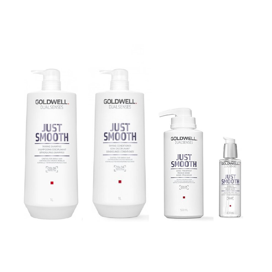 Goldwell Dualsenses Just Smooth Taming Shampoo 1000ml, Conditioner 1000ml, 60sec Treatment 500ml, Oil 100ml