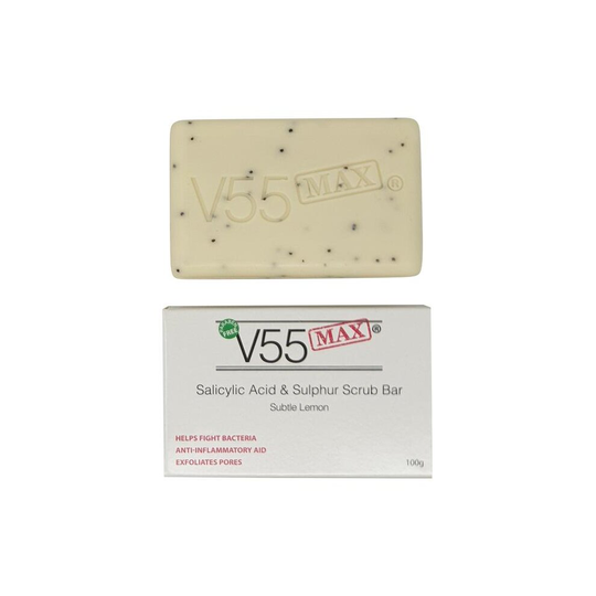 V55 MAX Salicylic Acid, Tea Tree Oil and Sulphur Soap Scrub for Spots Blackheads Milia Blemishes Problem Skin 100 grams