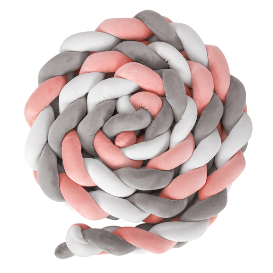 (4M-PINK+GRAY+WHITE) Braided Crib Bumper, Baby Cot Bumper, Crib Protection Bed Sleep Bumper-200cm