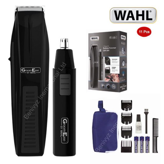 WAHL Men's GroomEase Trimmer 11 Piece GIFT SET - Black (Batt.& Pouch)