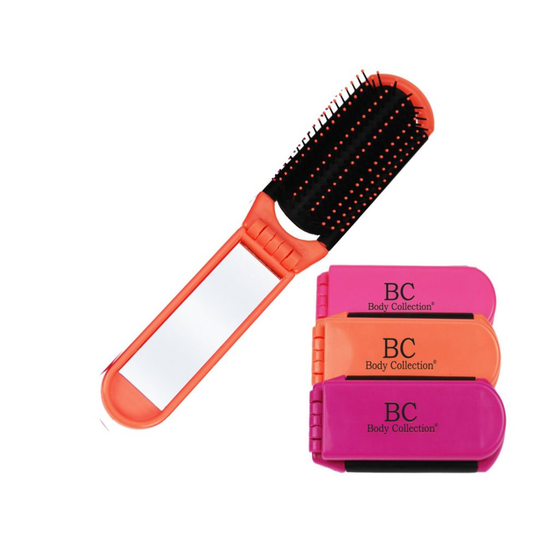 Body Collection Portable Folding Hair Brush With Mirror Travel Size Handbag Pocket Size ~ Orange