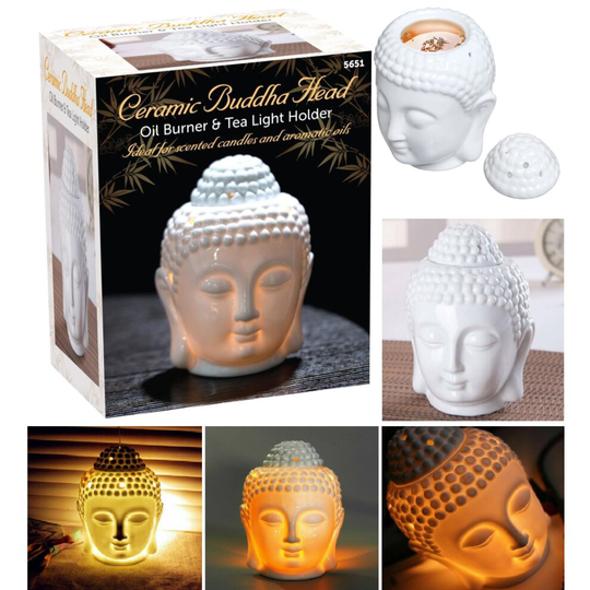 Ceramic Thai Buddha Head Oil burner Tea Light Holder Scented Candles Aromatic UK