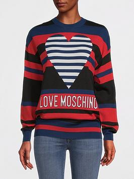 Love Moschino Striped Heart Logo Crew Neck Sweater - Red/Navy/Black