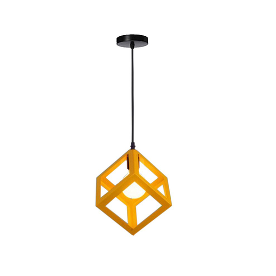 (Yellow) 1lt Square Metal Wired Frame Pendant Light Cube Ceiling Lamp