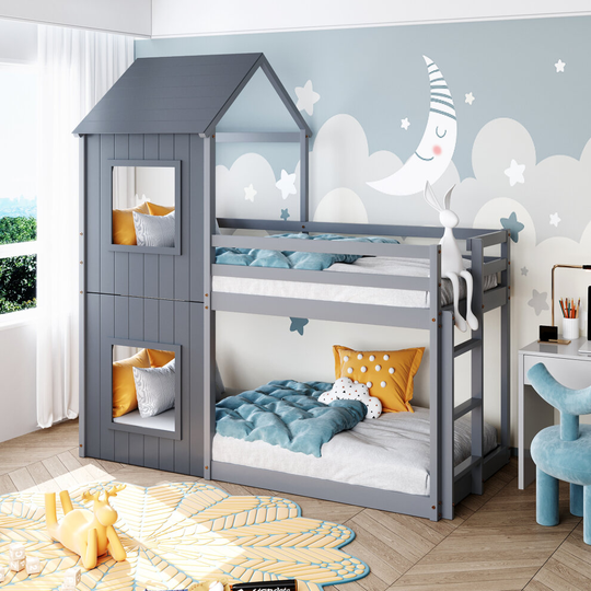 3FT Treehouse Bunk bed, Cabin Bed Frame, Mid-Sleeper with Treehouse Canopy & Ladder