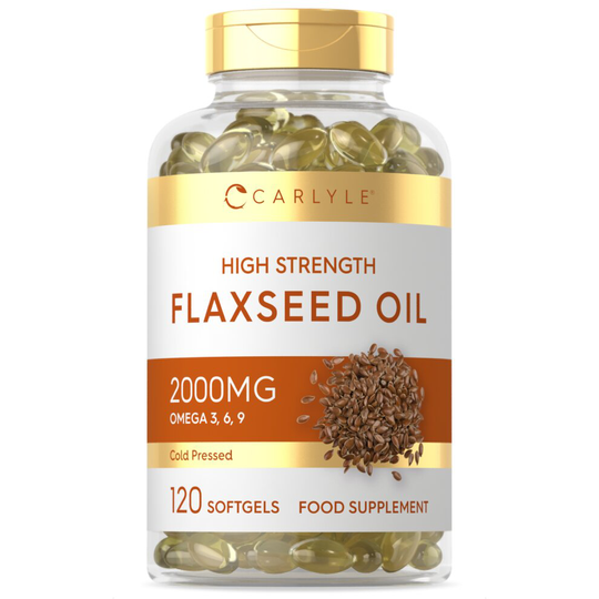 Flaxseed Oil Softgel Capsules 2,000mg | 120 Count | High Strength Food Supplement | Cold Pressed | Omega 3 6 9 | By Carlyle