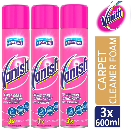 3 x Vanish Powerfoam Carpet Care Carpet Cleaner High Traffic Foam Shampoo 600ml