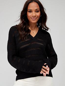 V By Very Knitted Open Stitch Collared Jumper - Black