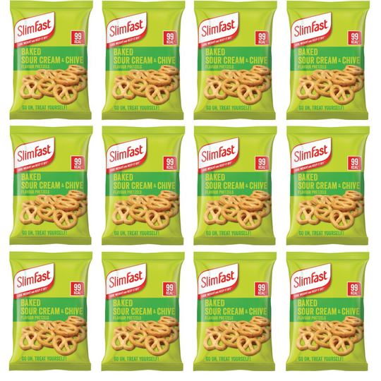 SlimFast Baked Sour Cream & Chive Pretzels Snack Bags 12x 23g BEST BEFORE APRIL 2023