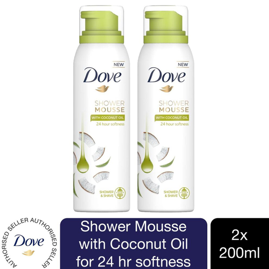 2 Pack Dove Shower Mousse with Coconut Oil for 24H Softness, 200ml