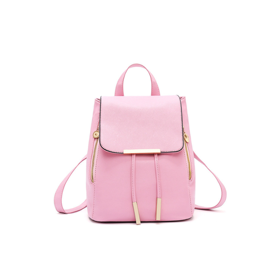 (Pink) Casual Double Zipper Iron Edge Drawstring Flap PU Backpack Fashion Female Backpack Female Bag