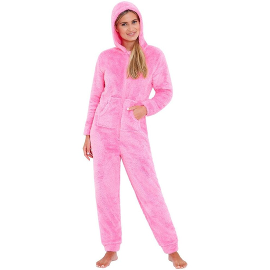 (8-10, Pink) Love To Sleep Women's Fluffy Fleece Hooded Onesie Jumpsuit All In One