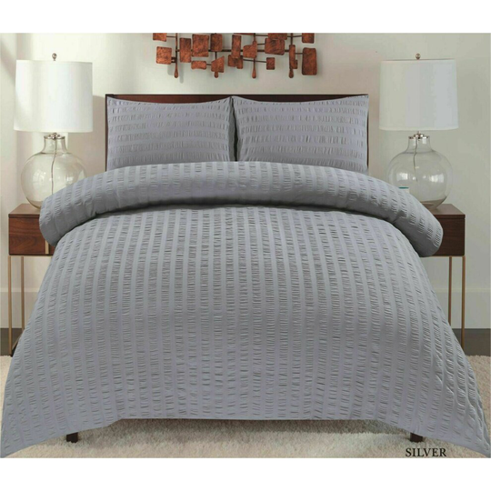 (Silver Grey, Single ) Seersucker Duvet Cover & Pillowcase Set Non Iron