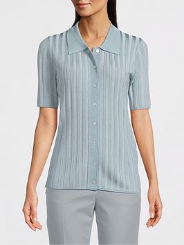 Joseph Satiny Rib Knitted Polo Top - Dusty Blue