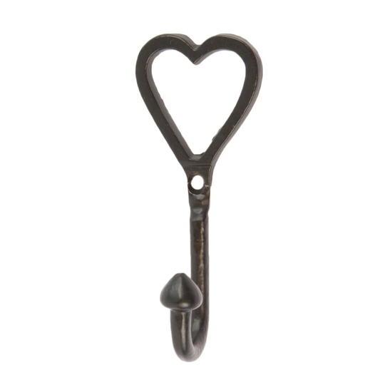 Black 40mm x 100mm Single Heart Hook - Cast Iron Vintage Antique Wall Mounted Hanger - by Hammer & Tongs