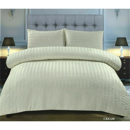 (Cream , Double ) Seersucker Duvet Cover & Pillowcase Set Non Iron