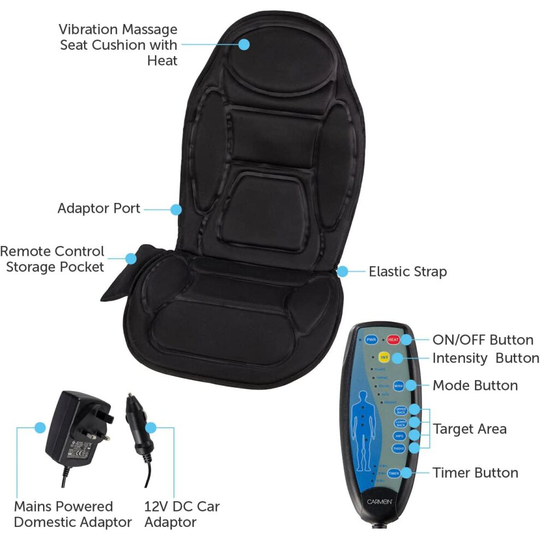 Carmen C81133 Massage Vibration Seat Cushion with Heat Black