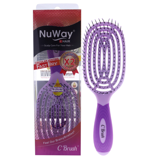 NuWay 4Hair Curved and Vented Detangling C Brush - Scalp Care - Fast Dry Venting Scheme - Special Formulated Bristles - Hair Dryer Safe - (Purple)