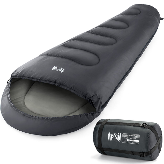 (Charcoal) Mummy Sleeping Bag 3 Season Waterproof Adult Single Outdoor Camping Trail