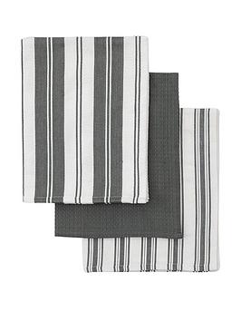 Gallery Set Of 3 Organic Cotton Striped Tea Towels - Charcoal