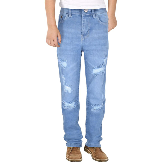 (11-12 Years, Light Blue) Boys Relaxed Straight Fit Boot Cut Ripped Jeans
