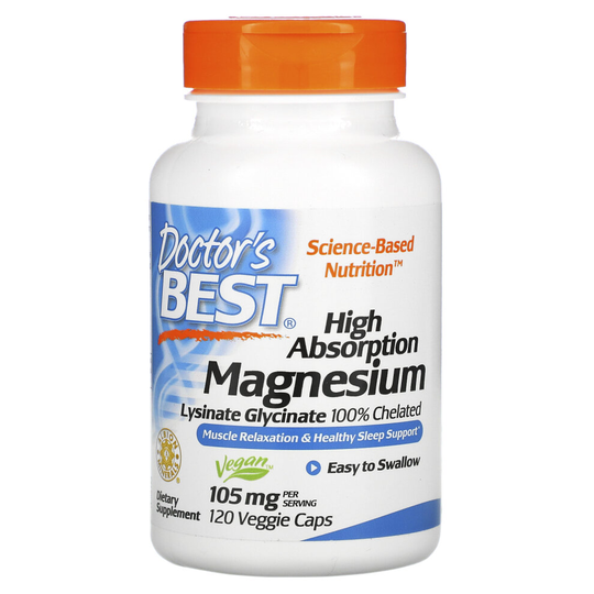 Doctor's Best, High Absorption Magnesium, Lysinate Glycinate 100% Chelated, 105 mg, 120 Veggie Caps