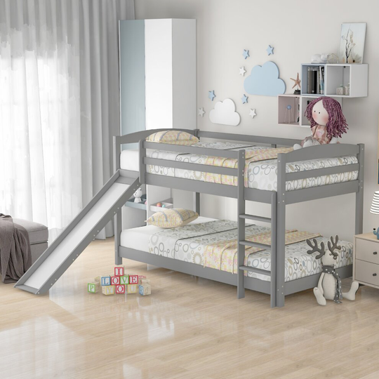 (Grey) Solid Wood Single Children Bunk Bed with Slide